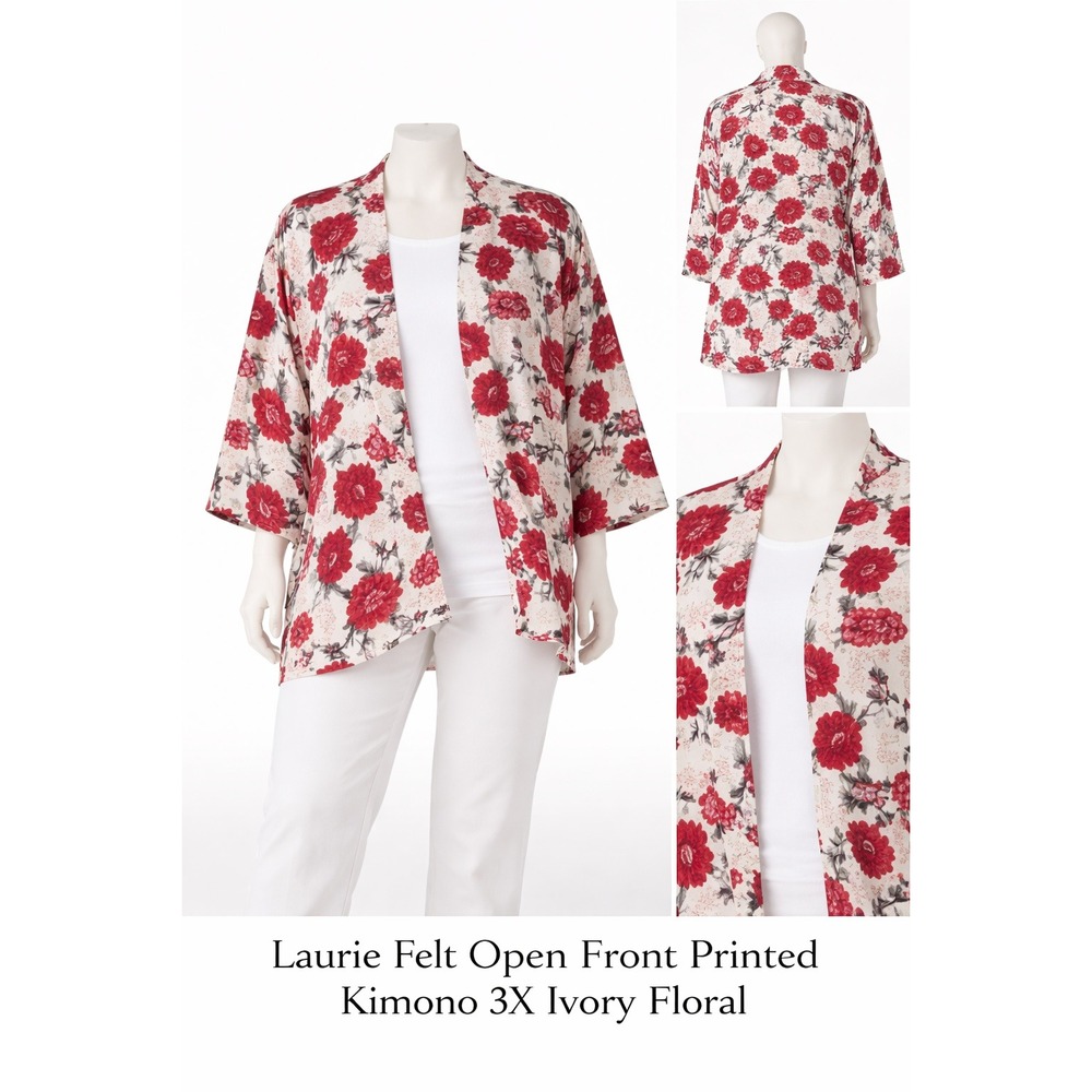 Laurie Felt Womens 3X Ivory Red Floral Open Front Kimono Hi-Low Hem A309543